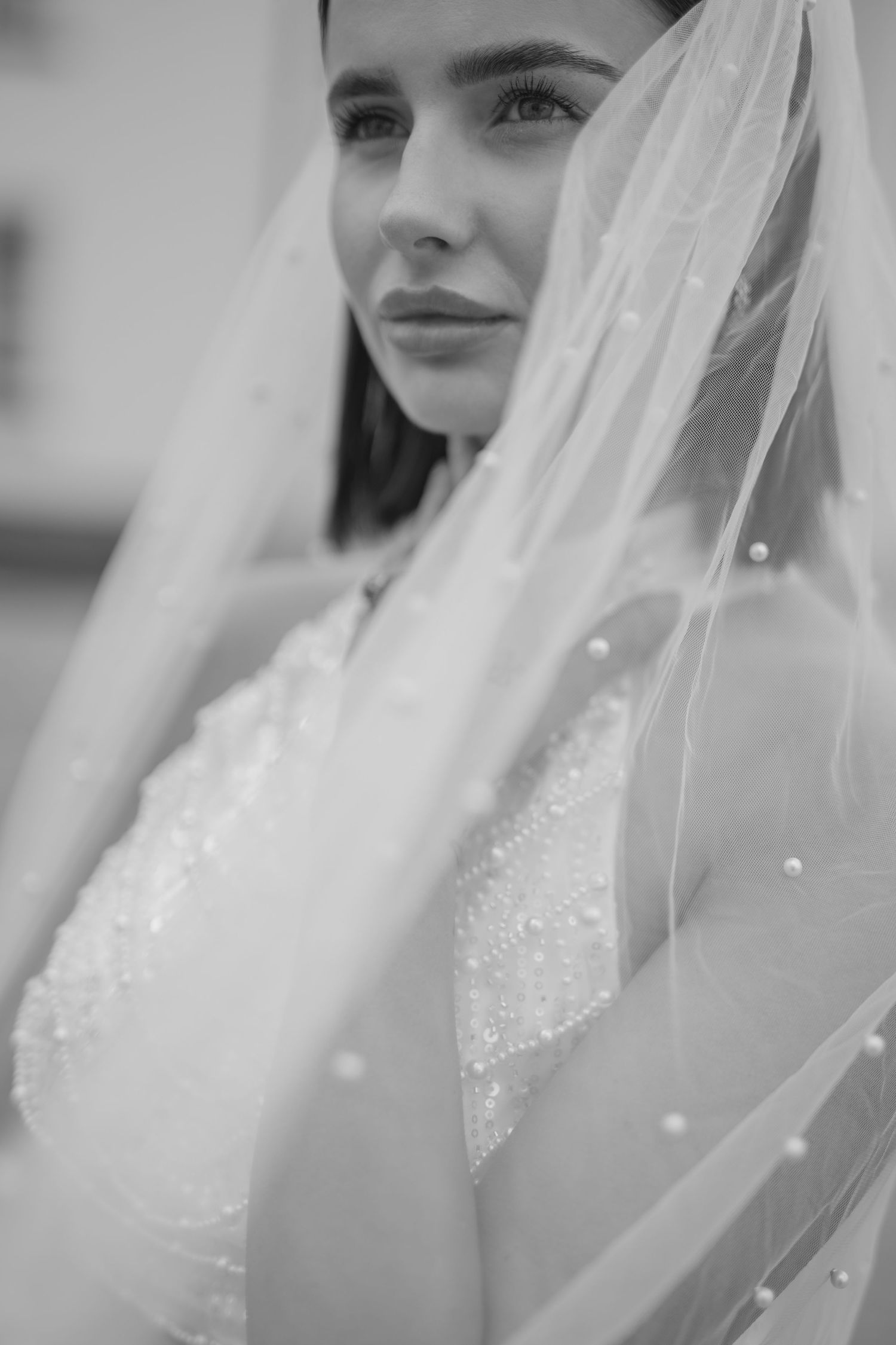 Black and white bridal portrait of a bride wearing a pearl-embellished veil and beaded wedding gown.