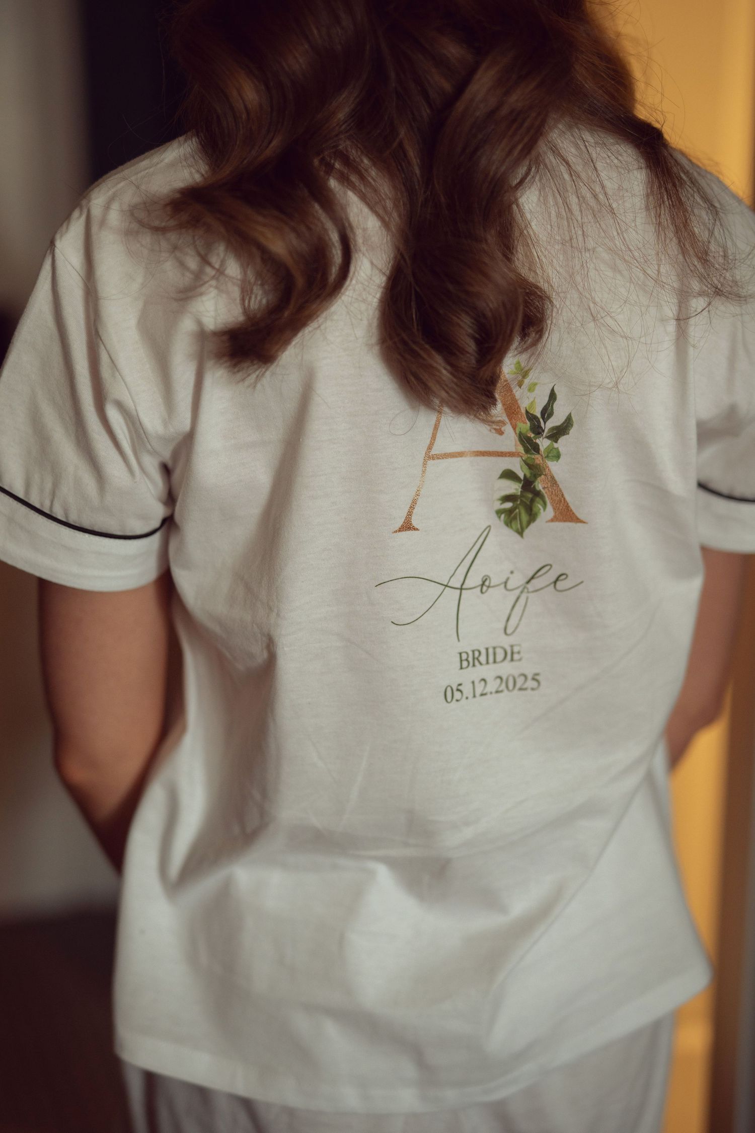 Back of personalized white bride pajamas at the Manor House Mount Juliet wedding Kilkenny.