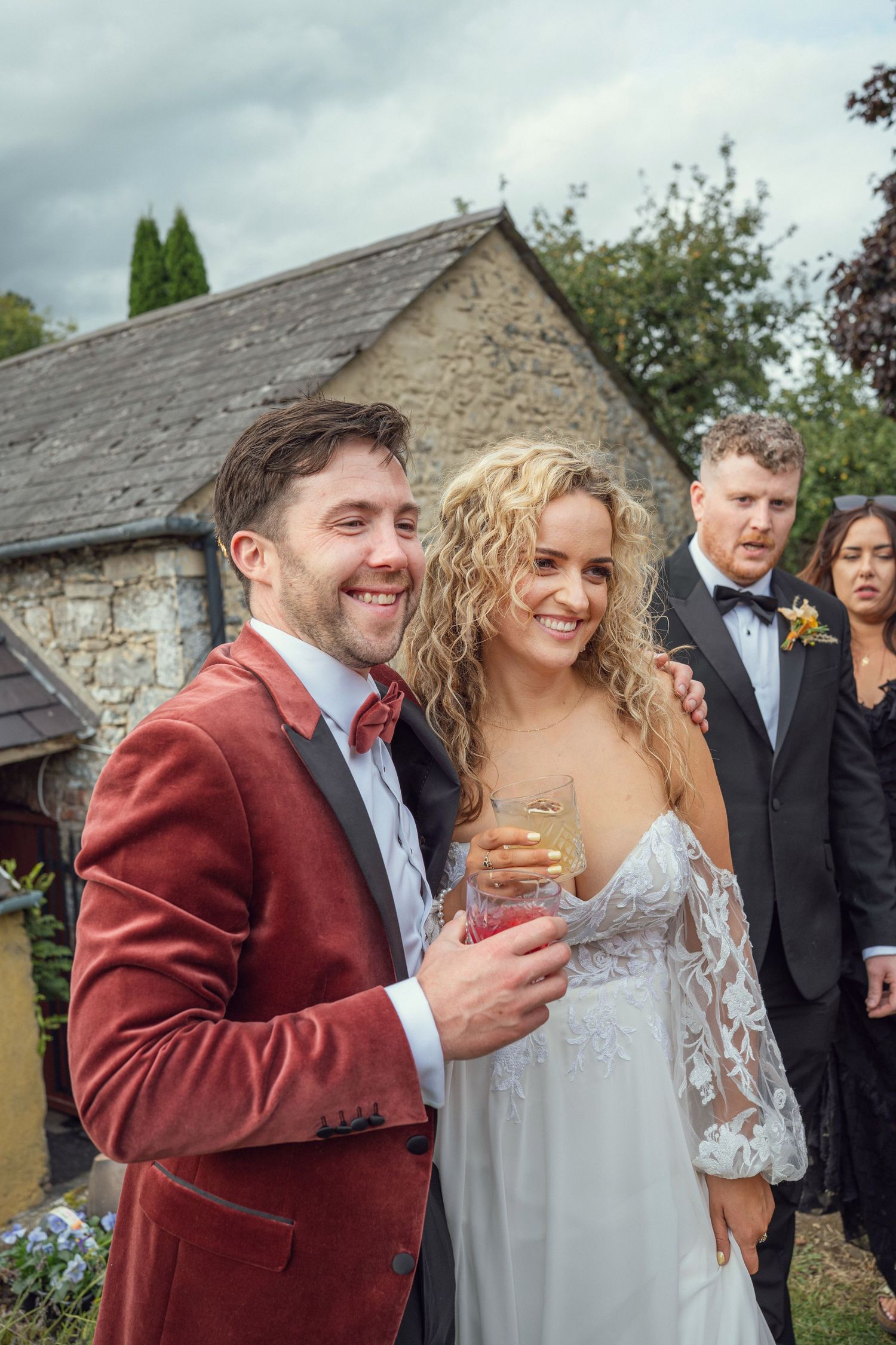 Happy bride and groom posing together outdoors outdoor garden wedding reception in Co Meath.