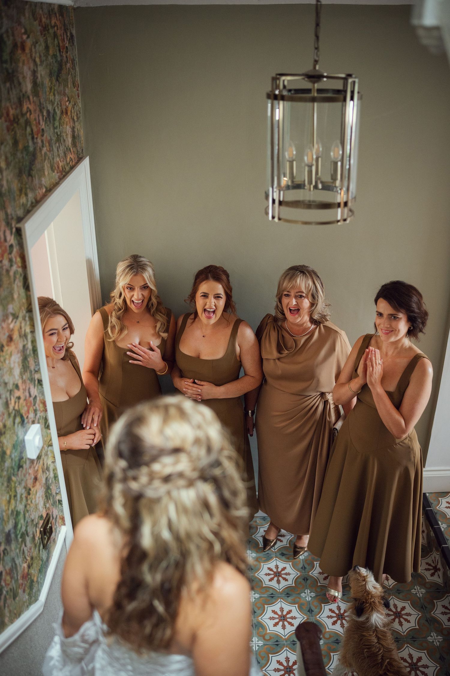 Bridesmaids and brides mam dresses reacting with joy seeing bride in wedding dress for first time outdoor garden wedding reception in Co Mea