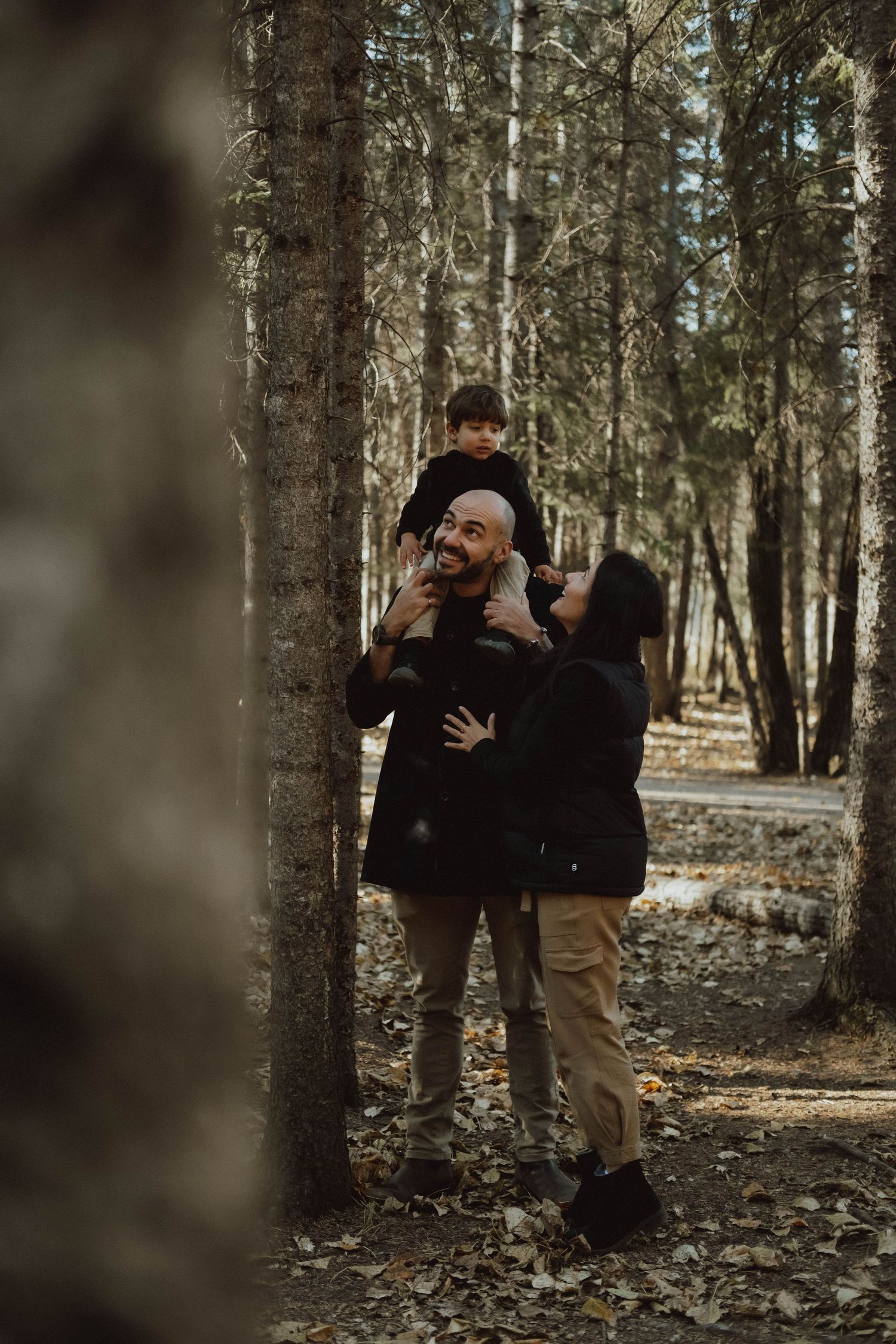 A couple embraces in a wooded forest setting during an autumn photo session.
