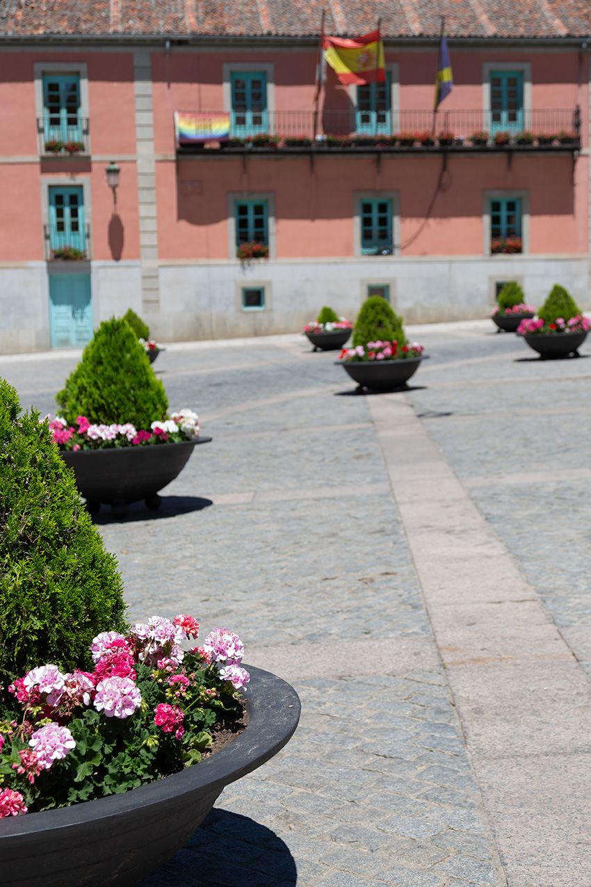Spanish plaza with decorative planters filled with pink flowers and topiary shrubs, pink building with flags in background.