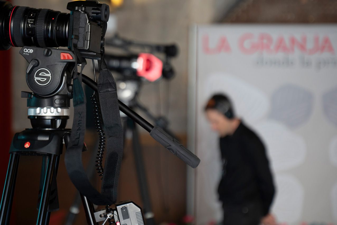 Professional video camera on tripod at La Granja en Flor spring festival press event.