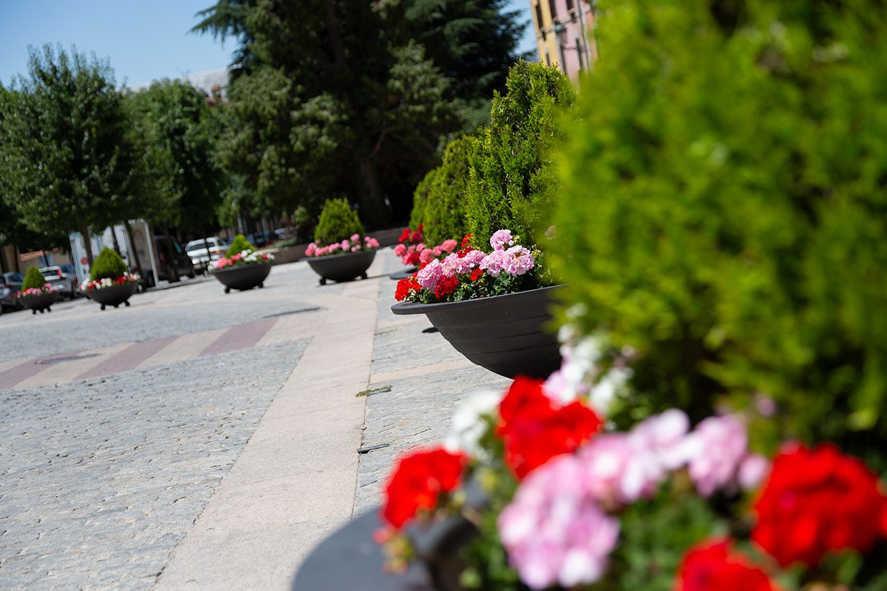 Colorful red and pink geraniums in large stone planters lining a sunny Spanish pedestrian walkway.