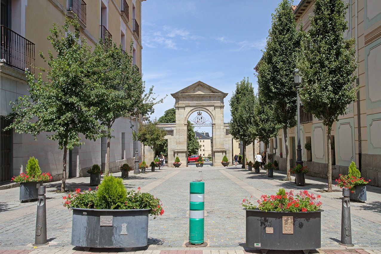 Tree-lined pedestrian plaza with stone arch gateway, flower planters, and historic buildings in a sunny European town square.