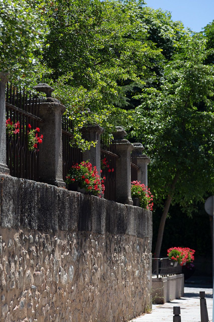 Stone wall with iron fence, red geraniums, and lush green trees lining a sunny cobblestone street.