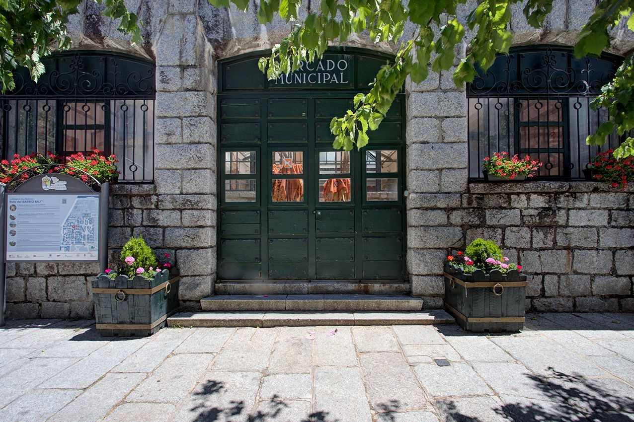 Stone building entrance of Mercado Municipal with green doors, flower planters, and dappled sunlight on cobblestone steps.