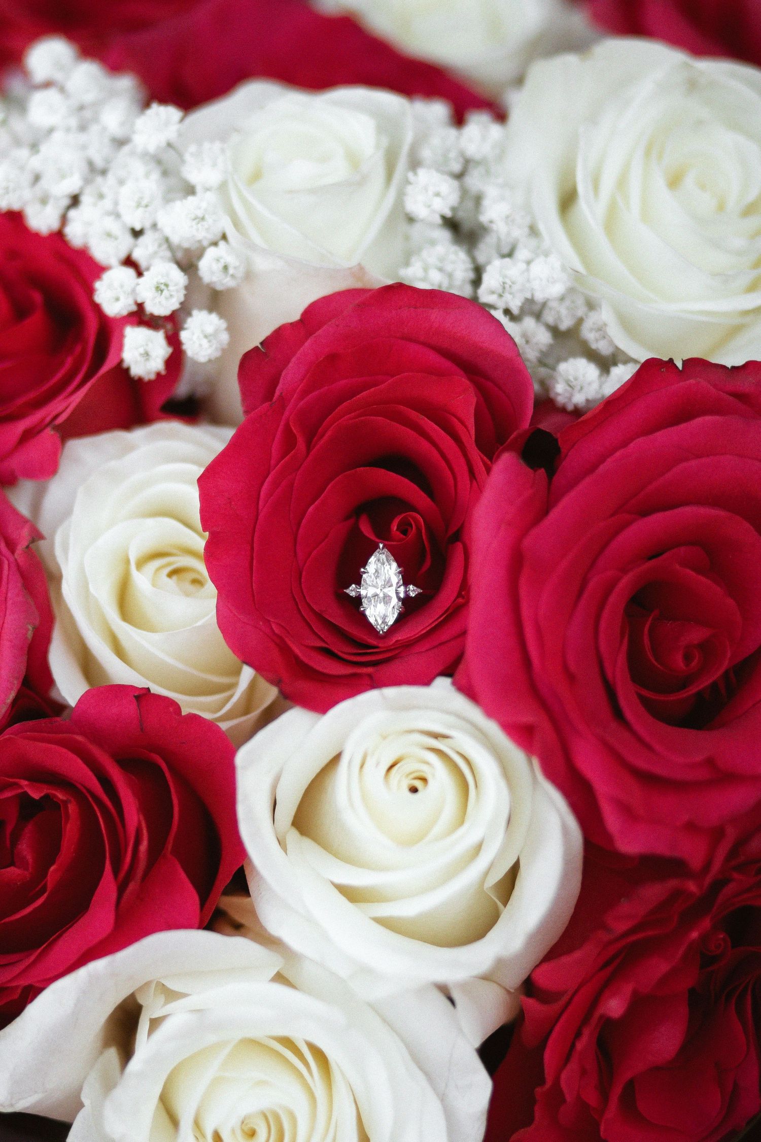 Engagement ring on bouquet of roses after proposal in The Ancient Spanish Monastery, Miami Beach