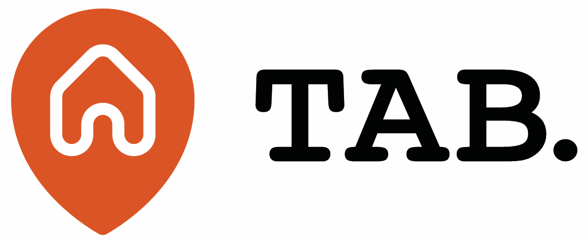 TAB company logo in orange and black with house icon design.