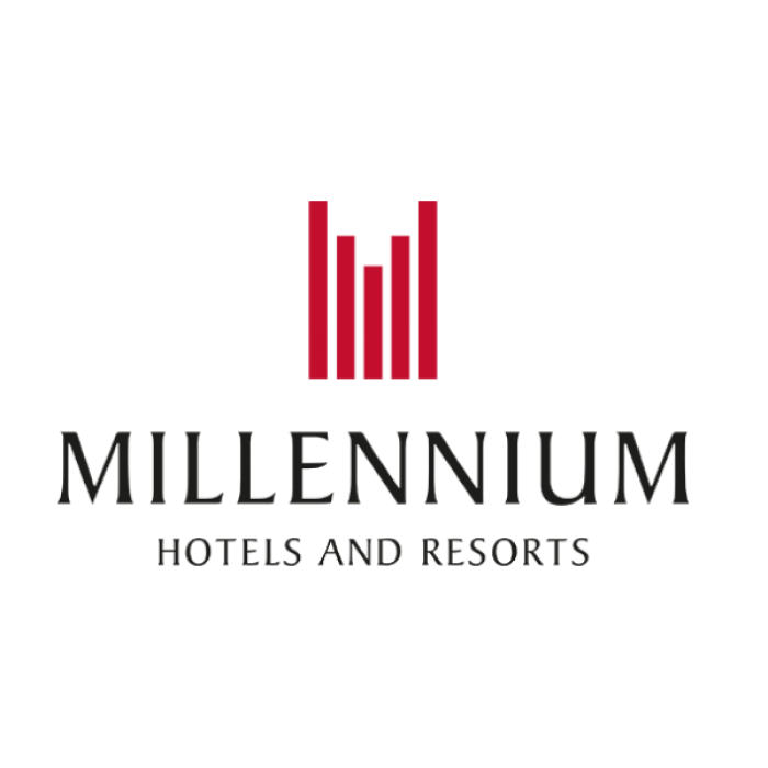 Millennium Hotels and Resorts logo with red geometric elements.
