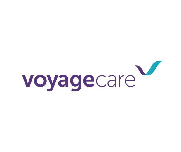 Voyage Care logo featuring purple bold text and a teal and purple swoosh symbol on white background.
