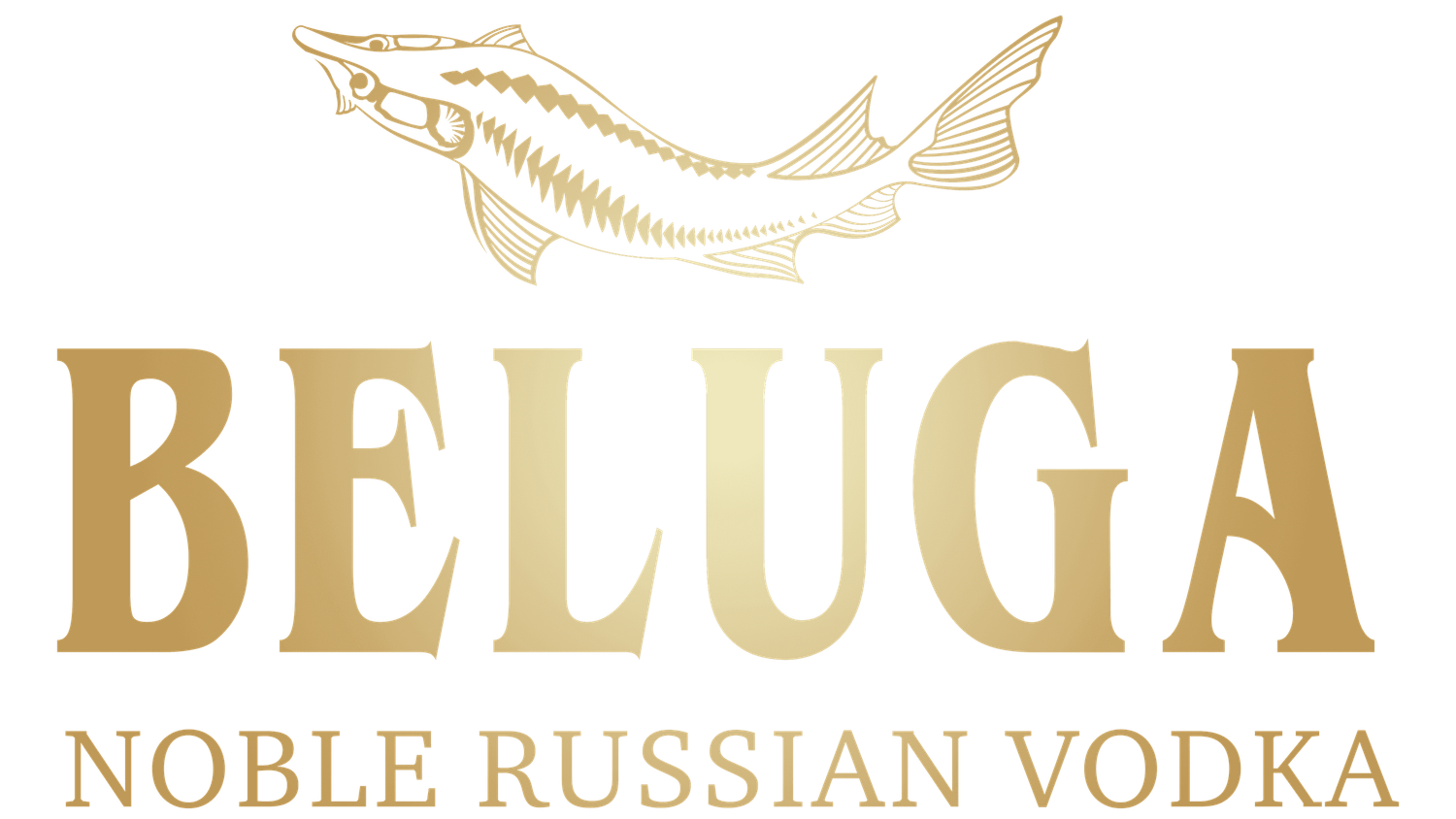 Beluga Noble Russian Vodka gold logo with elegant sturgeon fish illustration on white background.