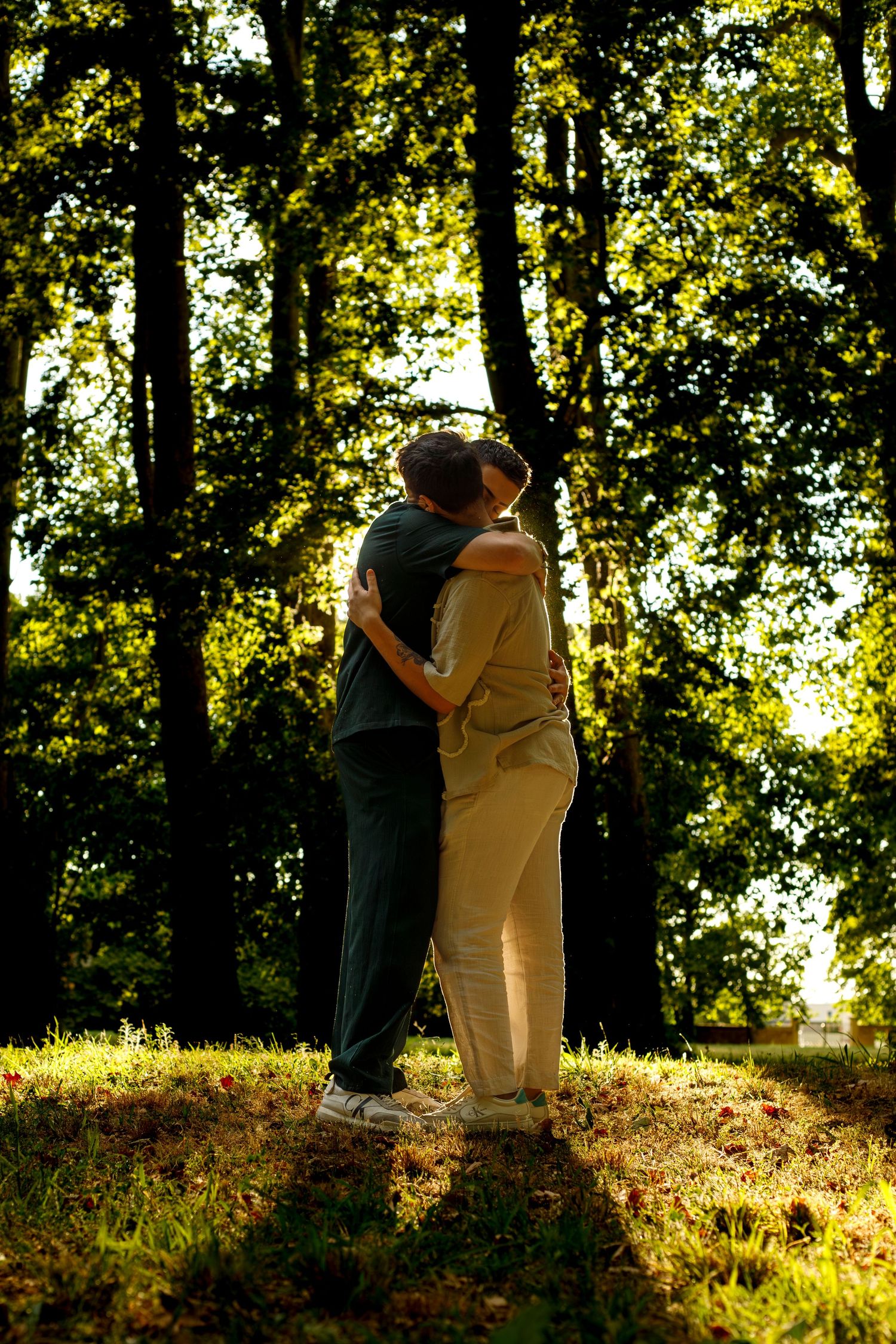 Photo d'un couple d'hommes qui s'étreignent dans un parc