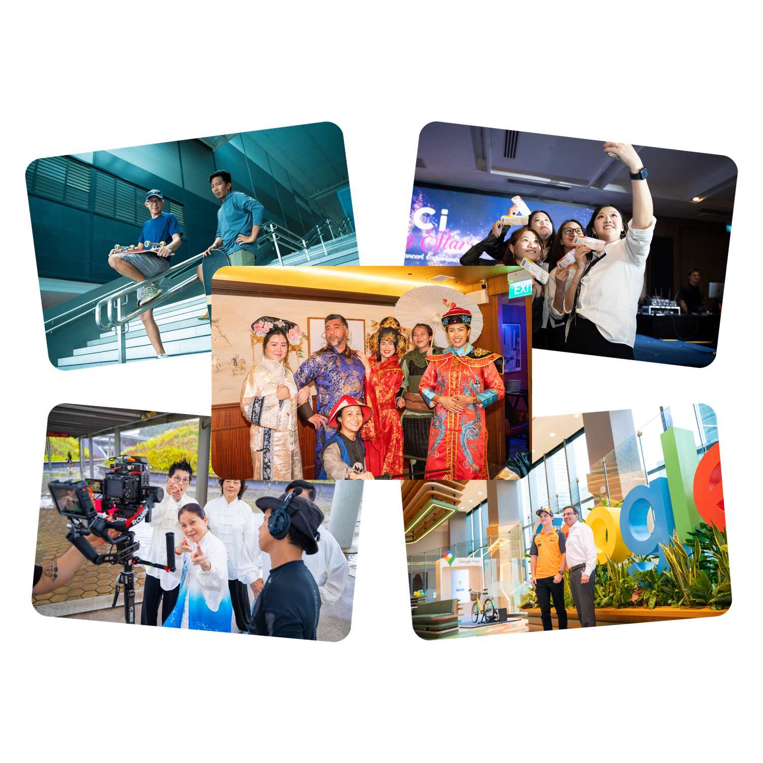 Mosaic of connected photographs showing various professional and social gatherings.