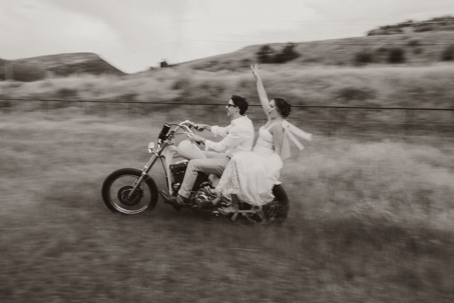 Vintage-style photos of couple with motorcycle in desert landscape.