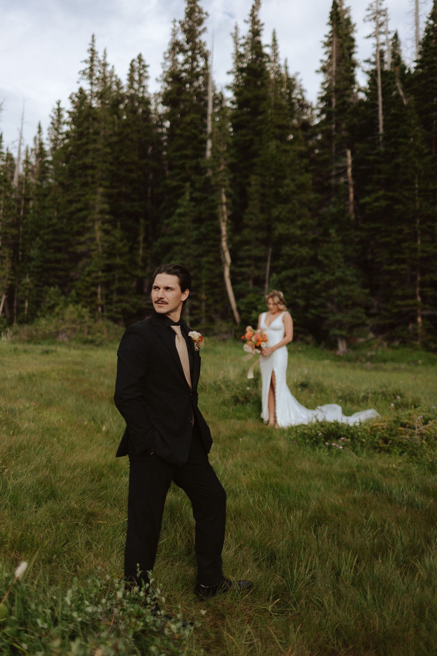 Wedding photos in mountain meadow with evergreen forest backdrop.