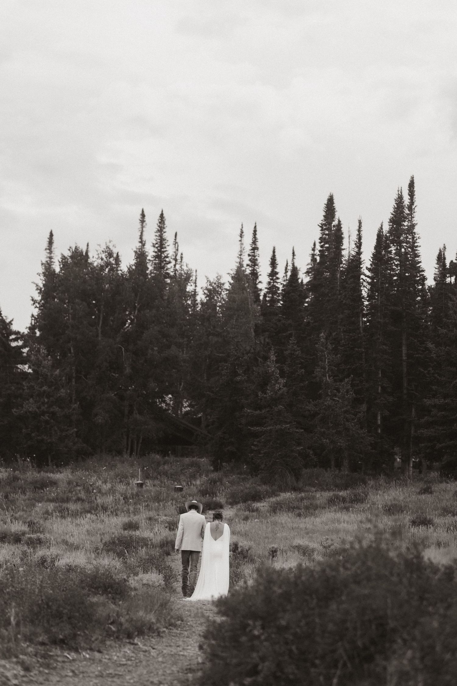 A couple walks along a mountain path surrounded by tall evergreen trees in black and white.