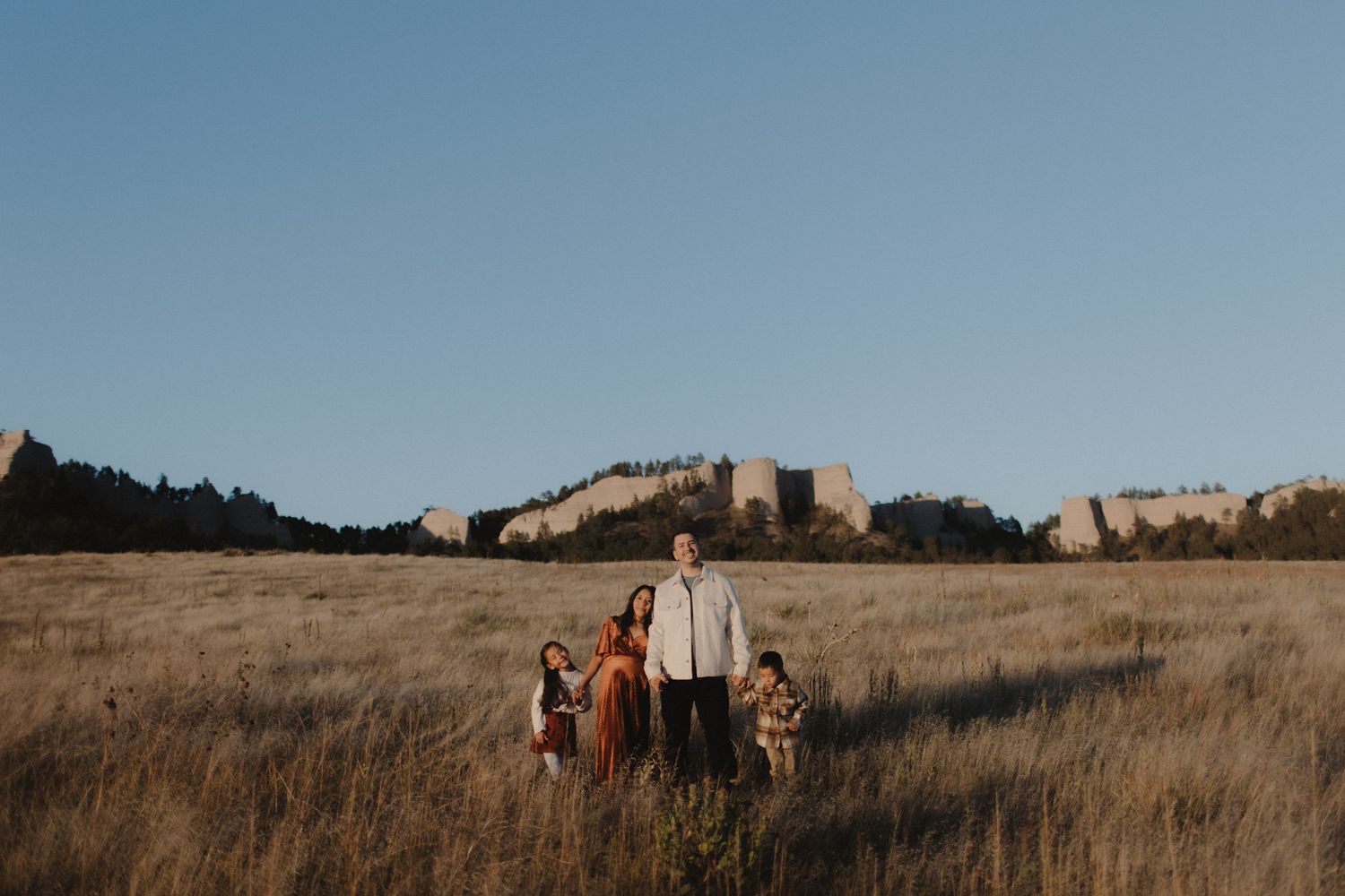 Family silhouette walking through golden field with cliffs in background at sunset.