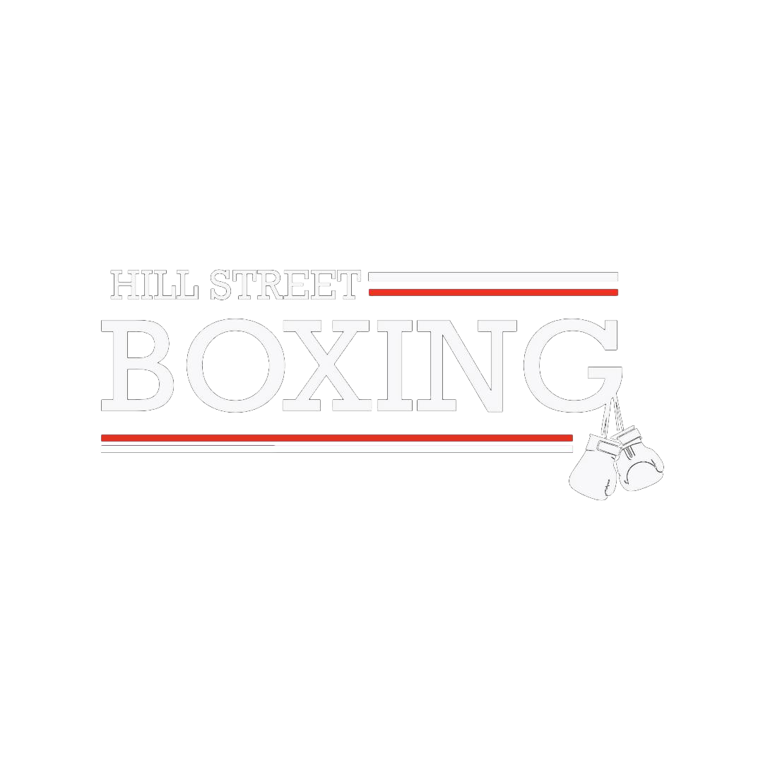 Hill Street Boxing logo with bold white text, red accent lines, and boxing gloves illustration on white background.