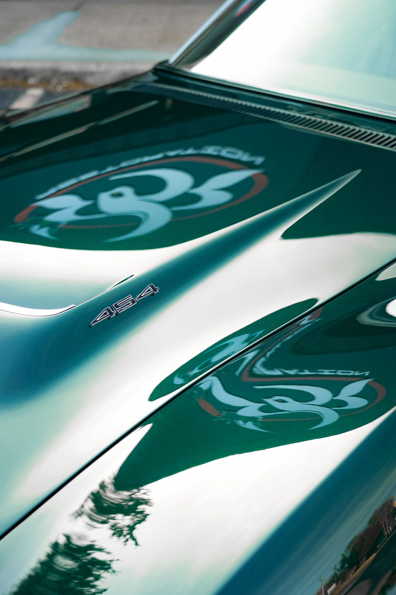 Close-up of metallic green car hood with custom decal design.