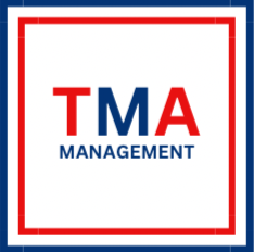 TMA Management company logo with bold red and blue letters on a white background with a red border.