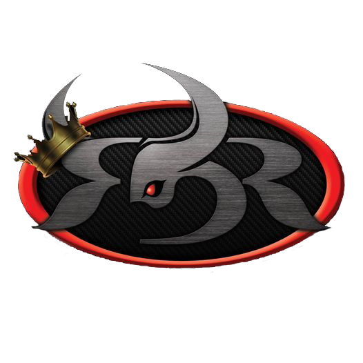 Red and black oval logo featuring a bull with a crown and stylized RBR letters on a carbon fiber background.