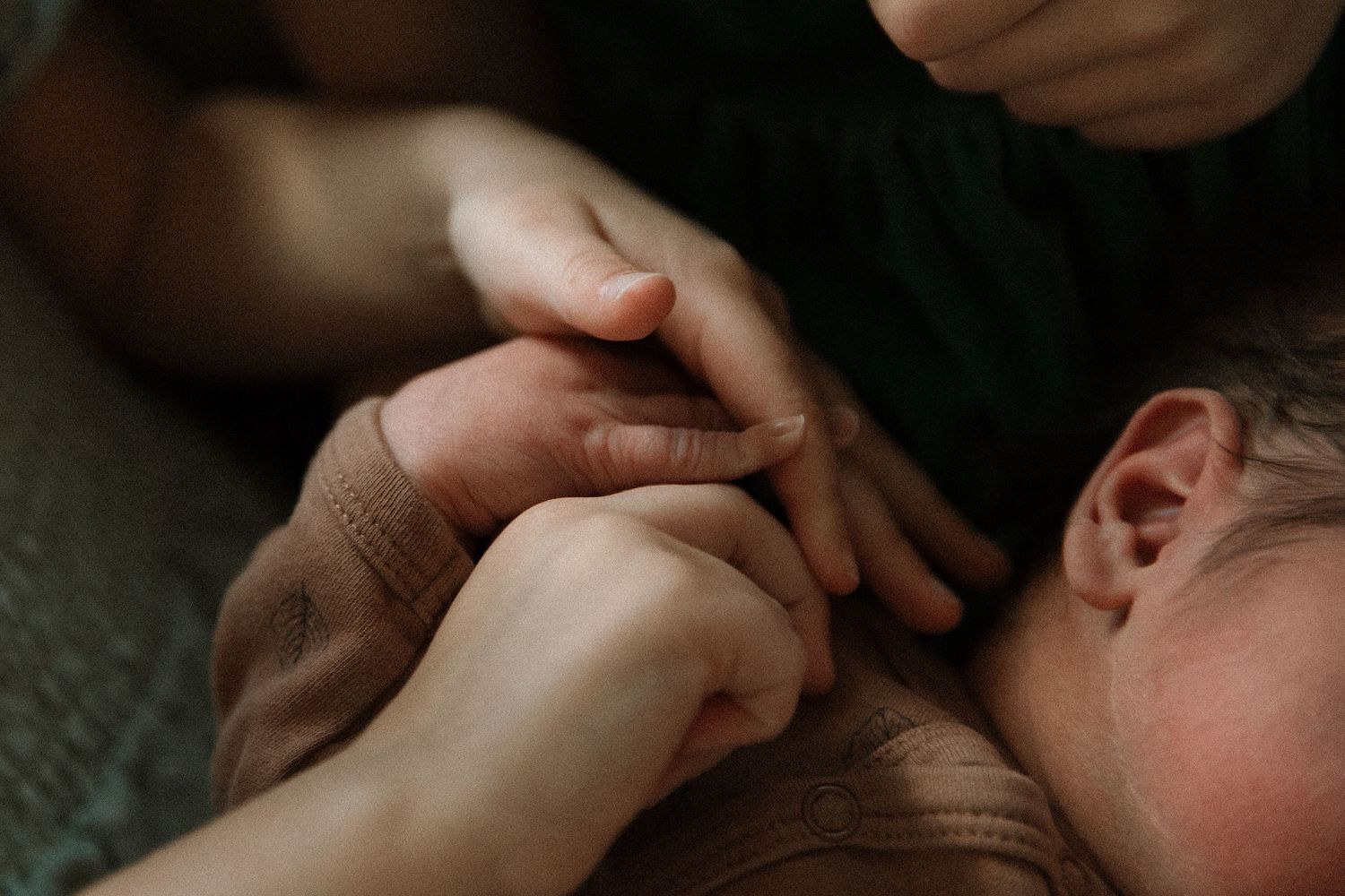 An adult gently holds a sleeping newborn baby's tiny hand in a tender close-up photo.