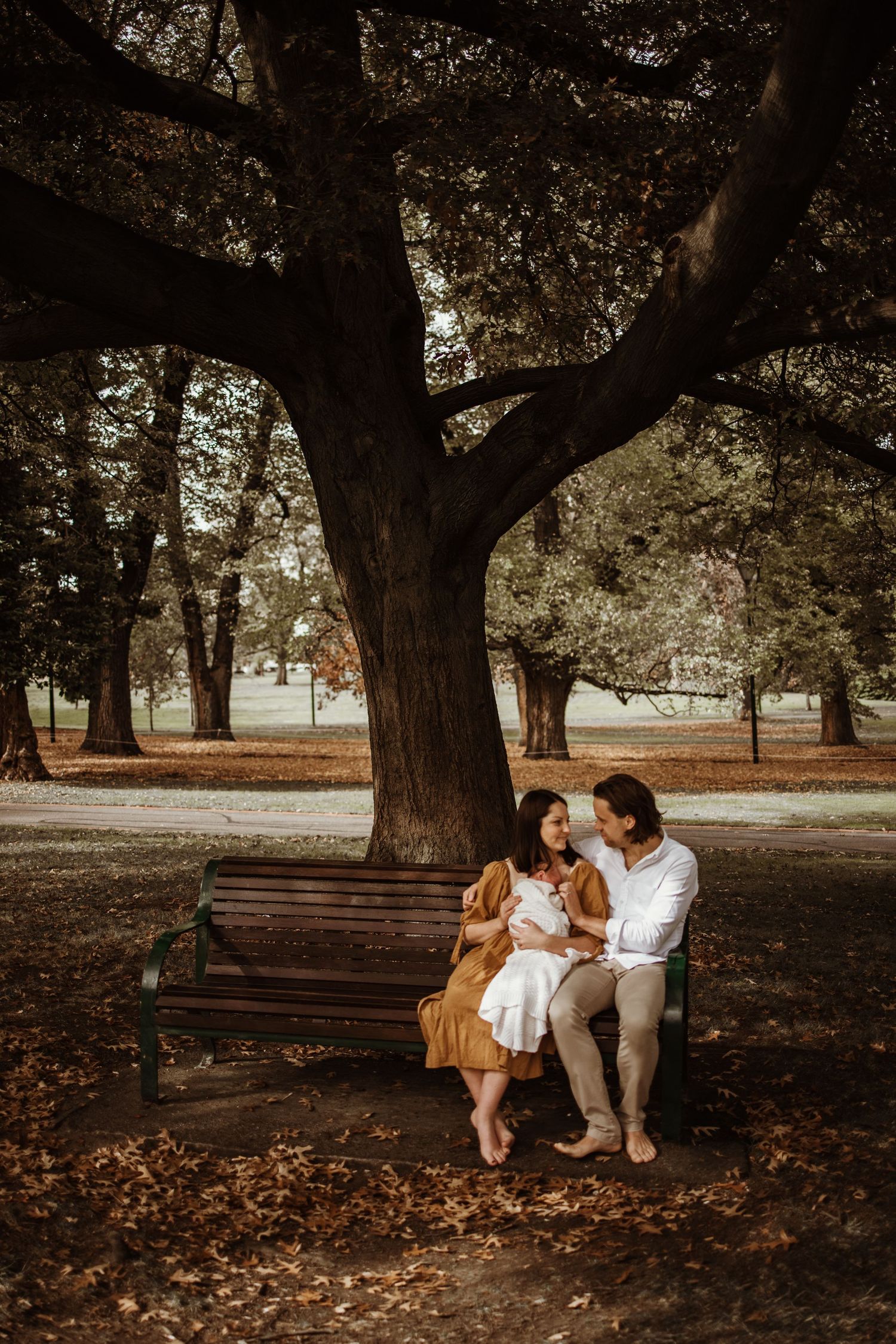 Couple sitting on a park bench under a large tree in autumn, sharing an intimate moment during a maternity photo session.