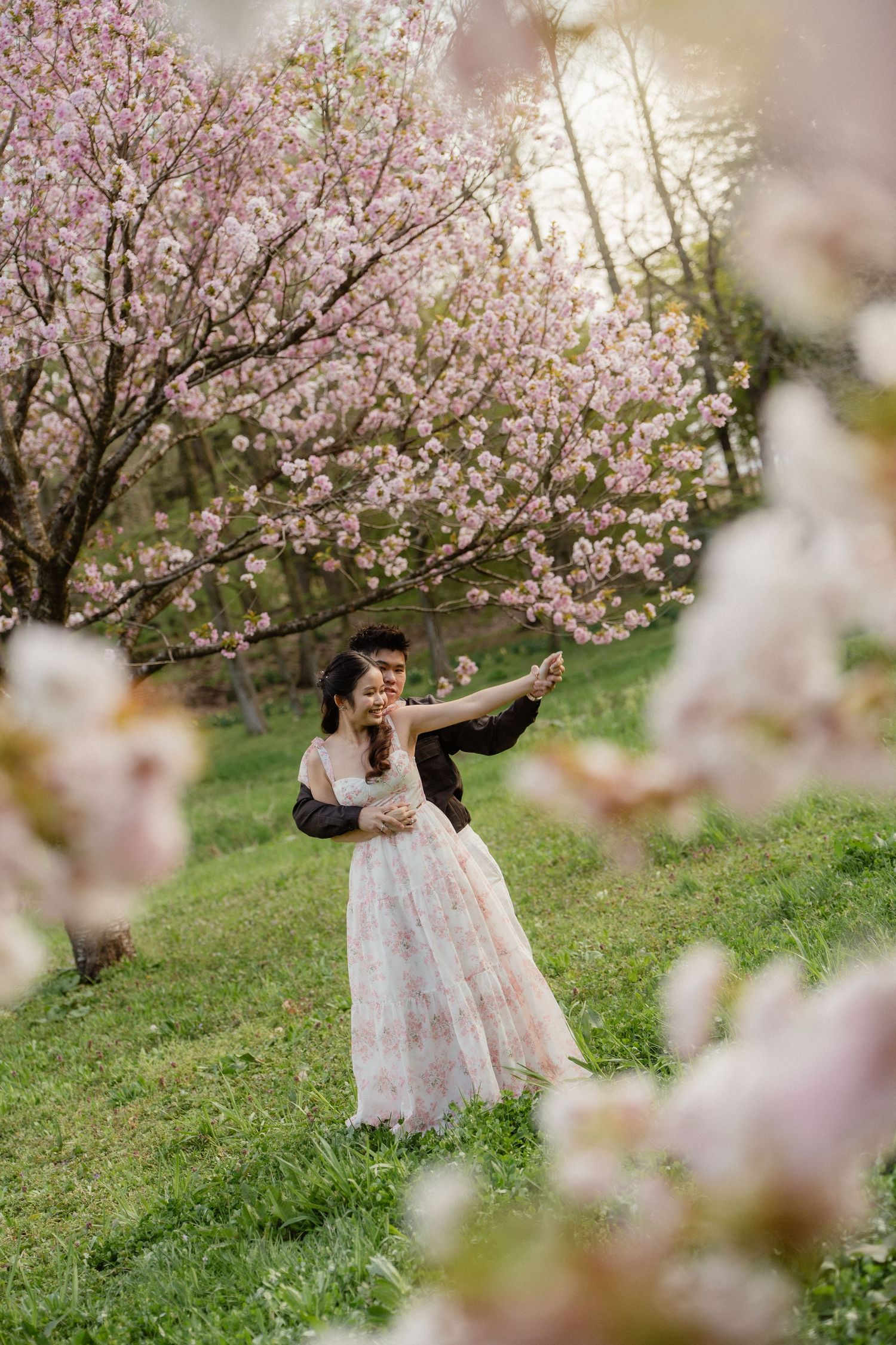 Couple dancing under blooming cherry blossom trees in spring, woman in floral dress embraced by partner on green grass.