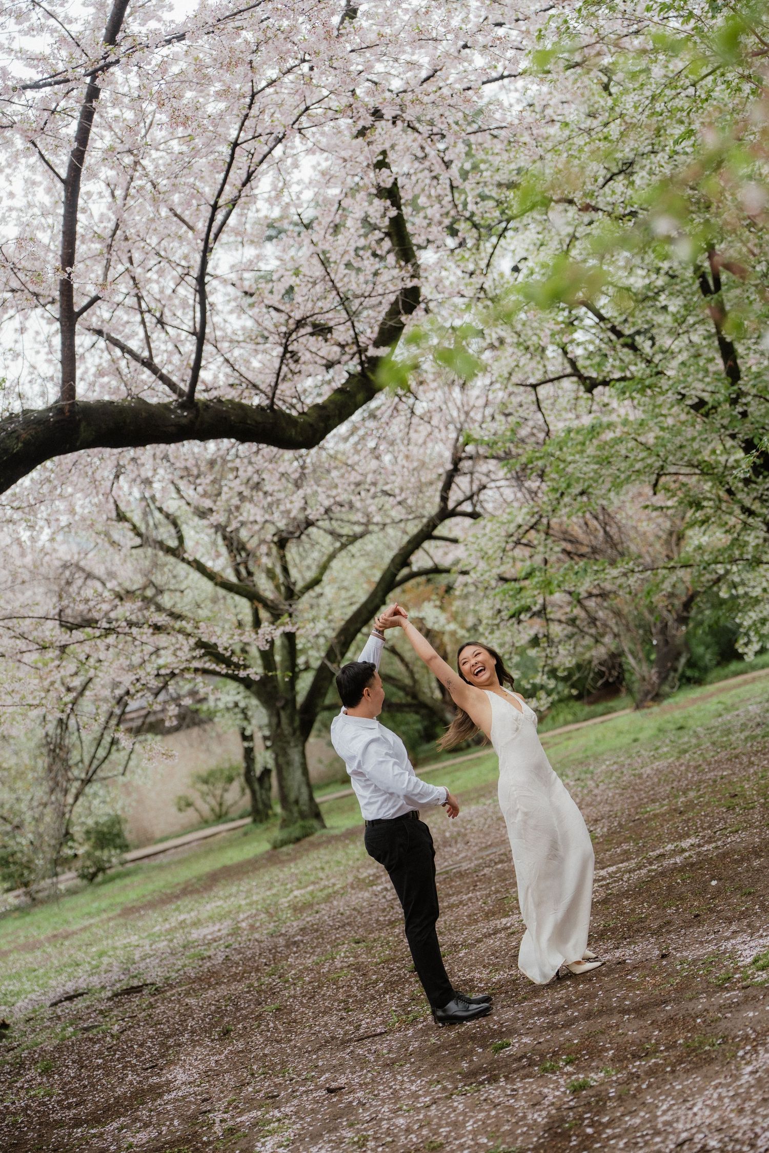 Bride and groom dancing joyfully under blooming cherry blossom trees in a lush green park during spring.