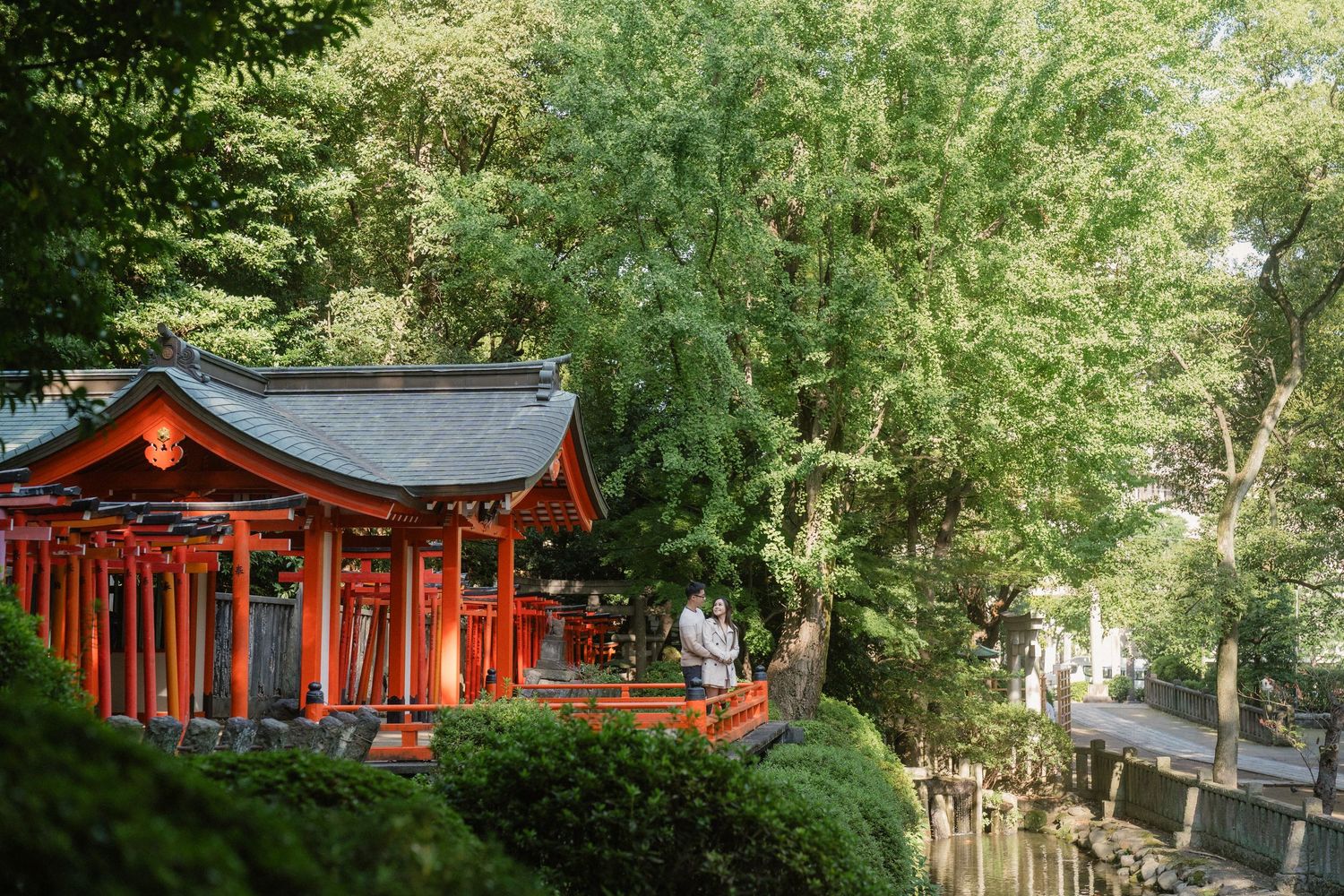 Vibrant red Japanese shrine surrounded by lush green trees in a serene forest setting.