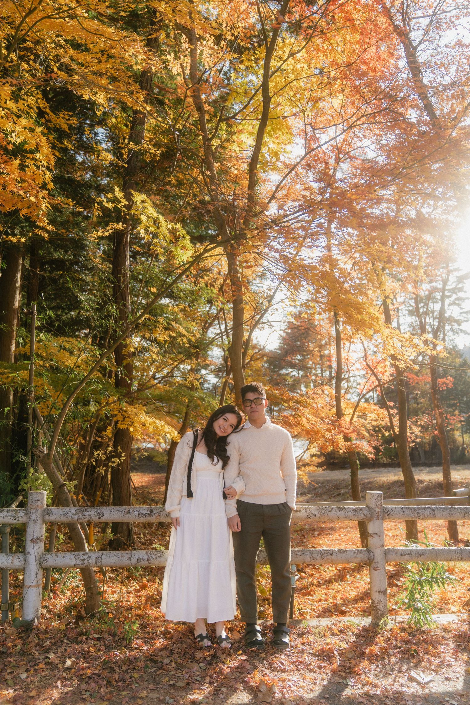Couple posing together in autumn park with vibrant orange and yellow foliage, white fence, and golden sunlight.