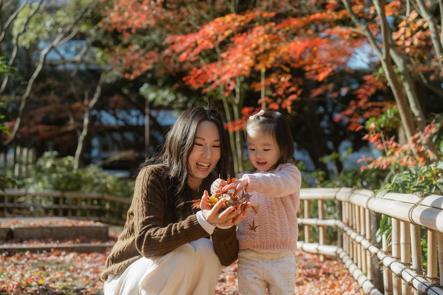 A mother and young daughter examine colorful autumn leaves together in a Japanese garden with red maple trees.