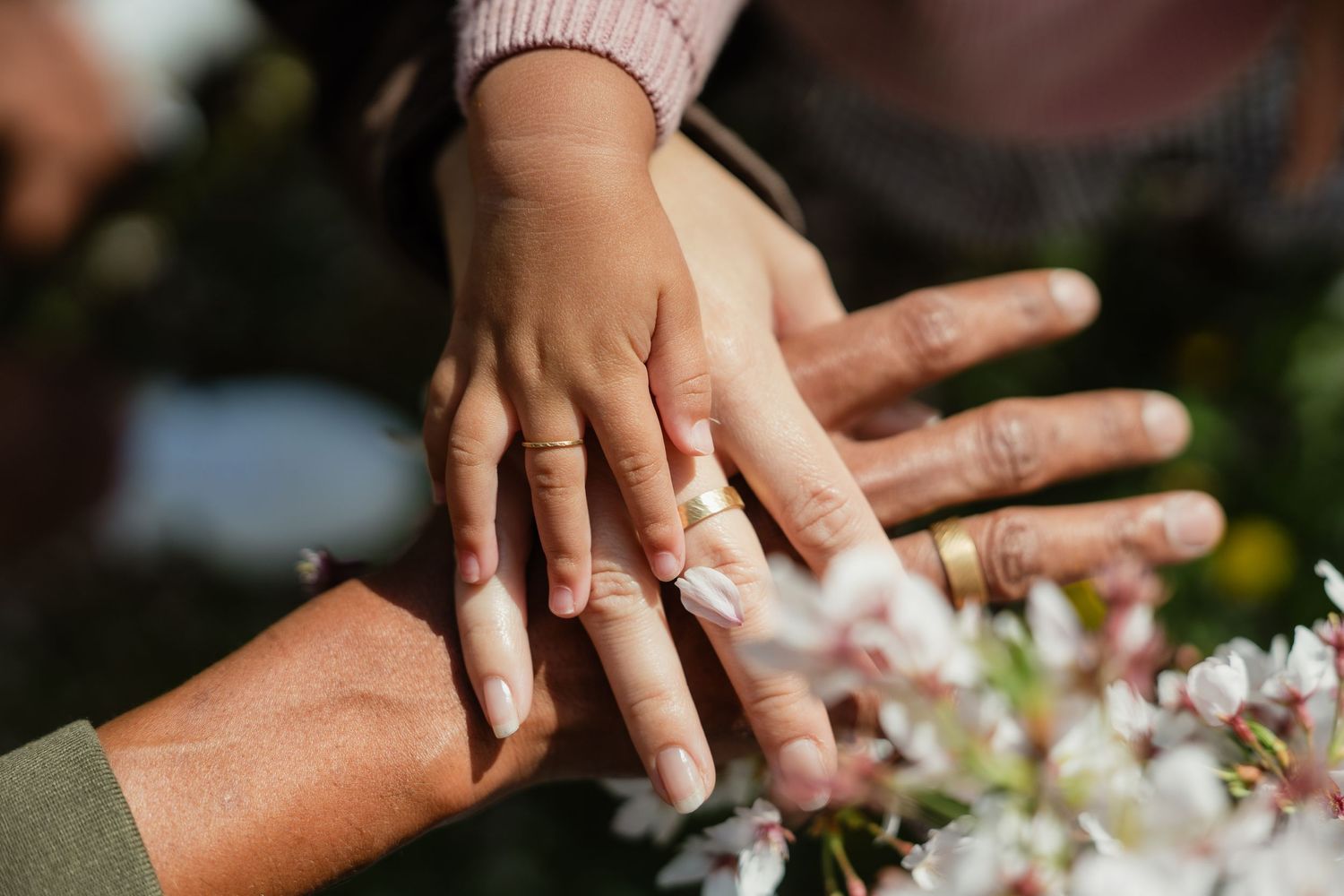 Three generations of hands stacked together near white spring blossoms, symbolizing family unity and love.