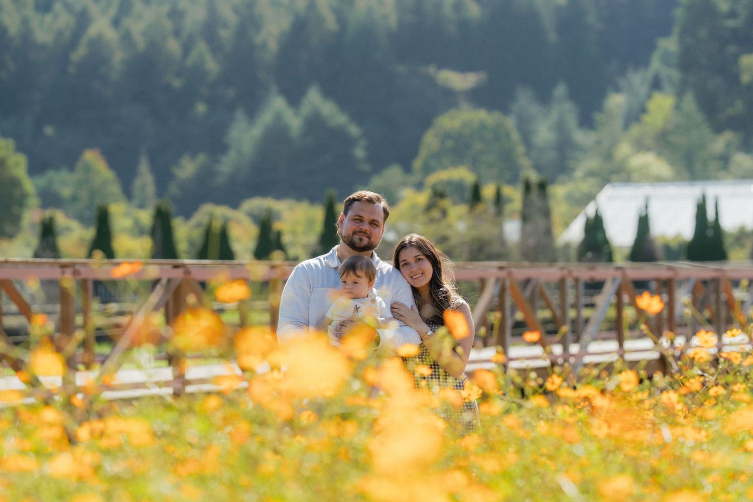 Couple standing together in a vineyard surrounded by yellow flowers with lush green trees in the background.