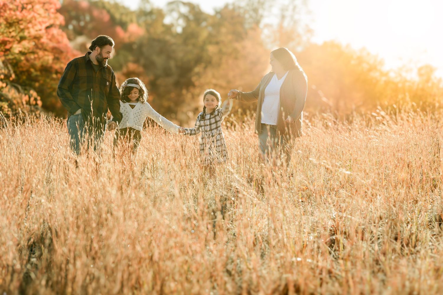 Family of four holding hands and walking through tall golden grass in a field, glowing in warm autumn sunlight.
