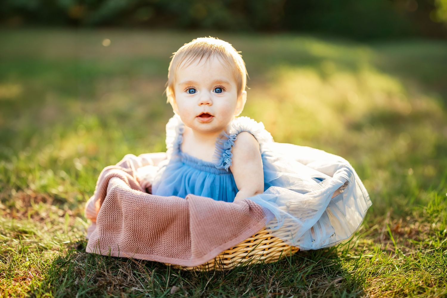 Adorable baby in a blue dress sitting in a wicker basket with soft blankets on sunlit green grass outdoors.
