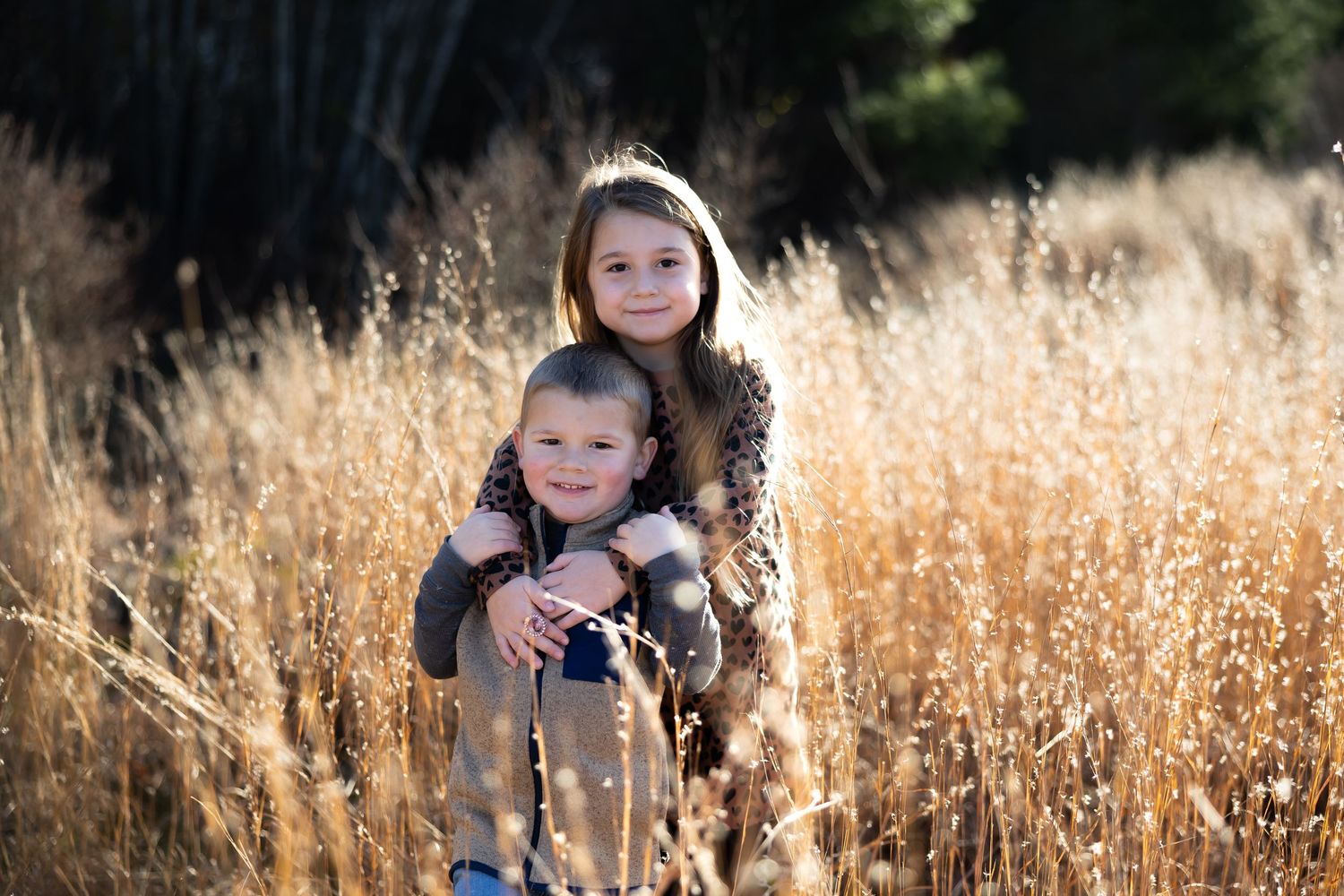 Two young siblings embracing in a golden grass field during a sunny autumn day.