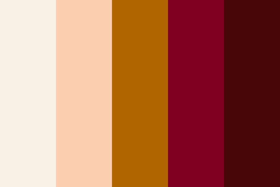 Bold color palette featuring ivory, peach, golden amber, crimson, and deep burgundy tones.