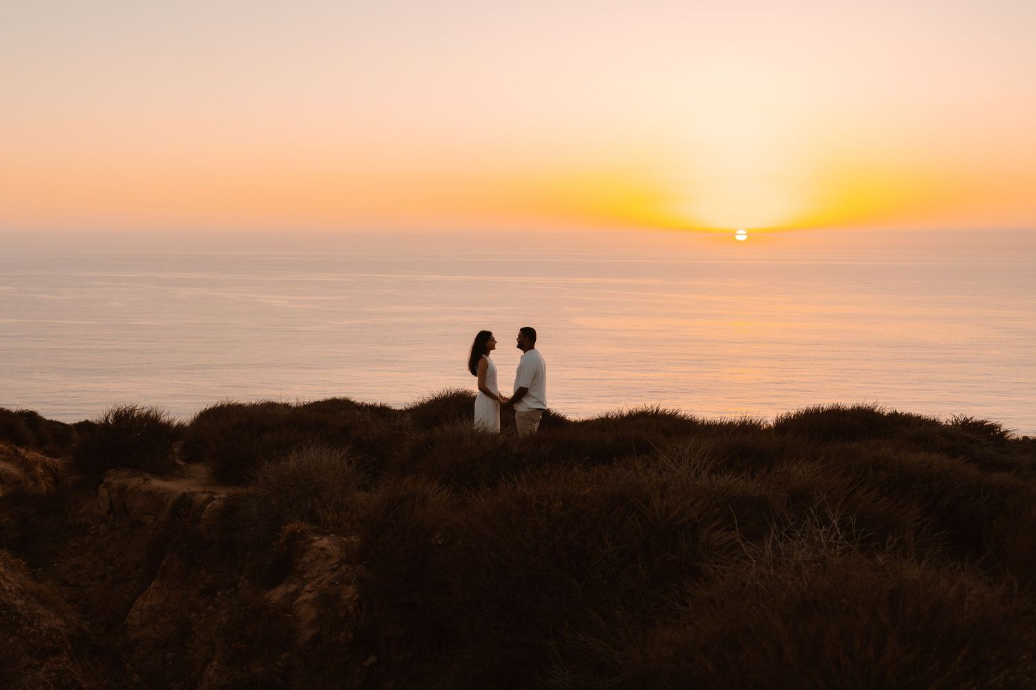 Couple holding hands on a coastal bluff at golden sunset with ocean horizon backdrop. Torrey Pines
