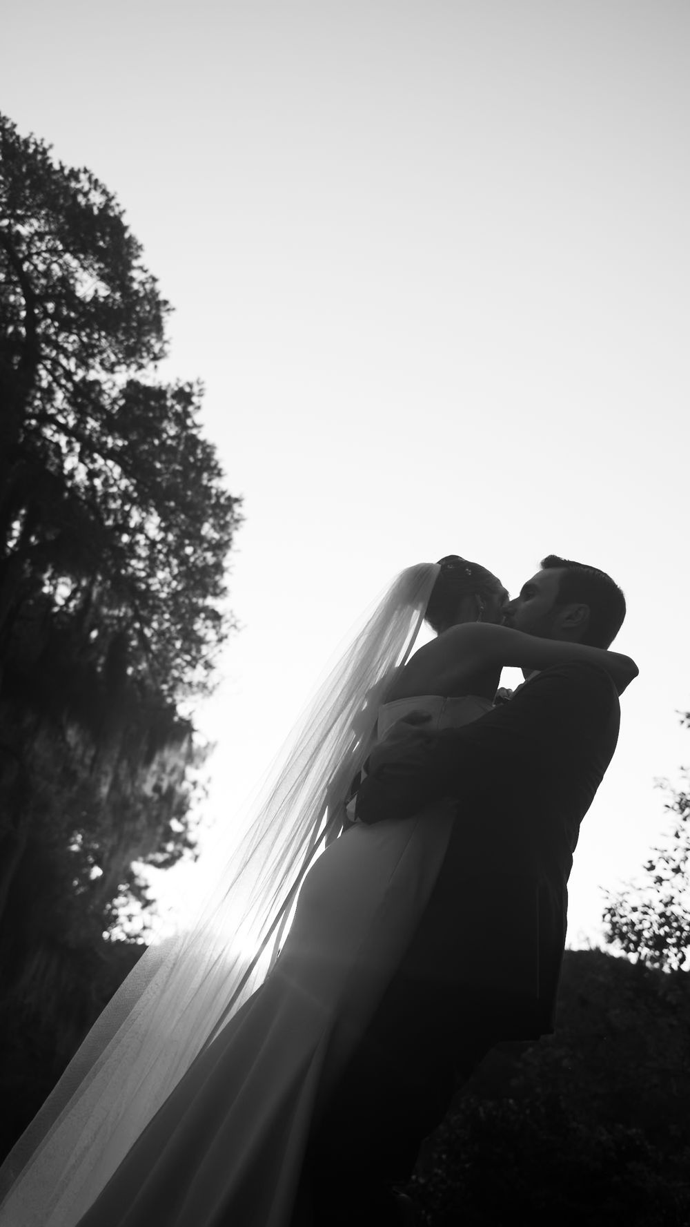 Silhouette of a bride and groom sharing a romantic kiss outdoors with flowing veil against a bright sky.