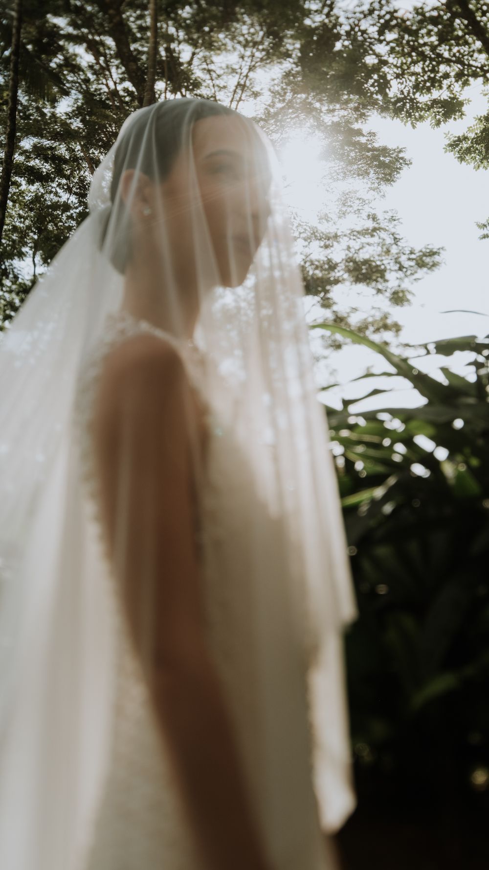 Low-angle view of a smiling bride in a veil standing beneath sunlit forest trees.