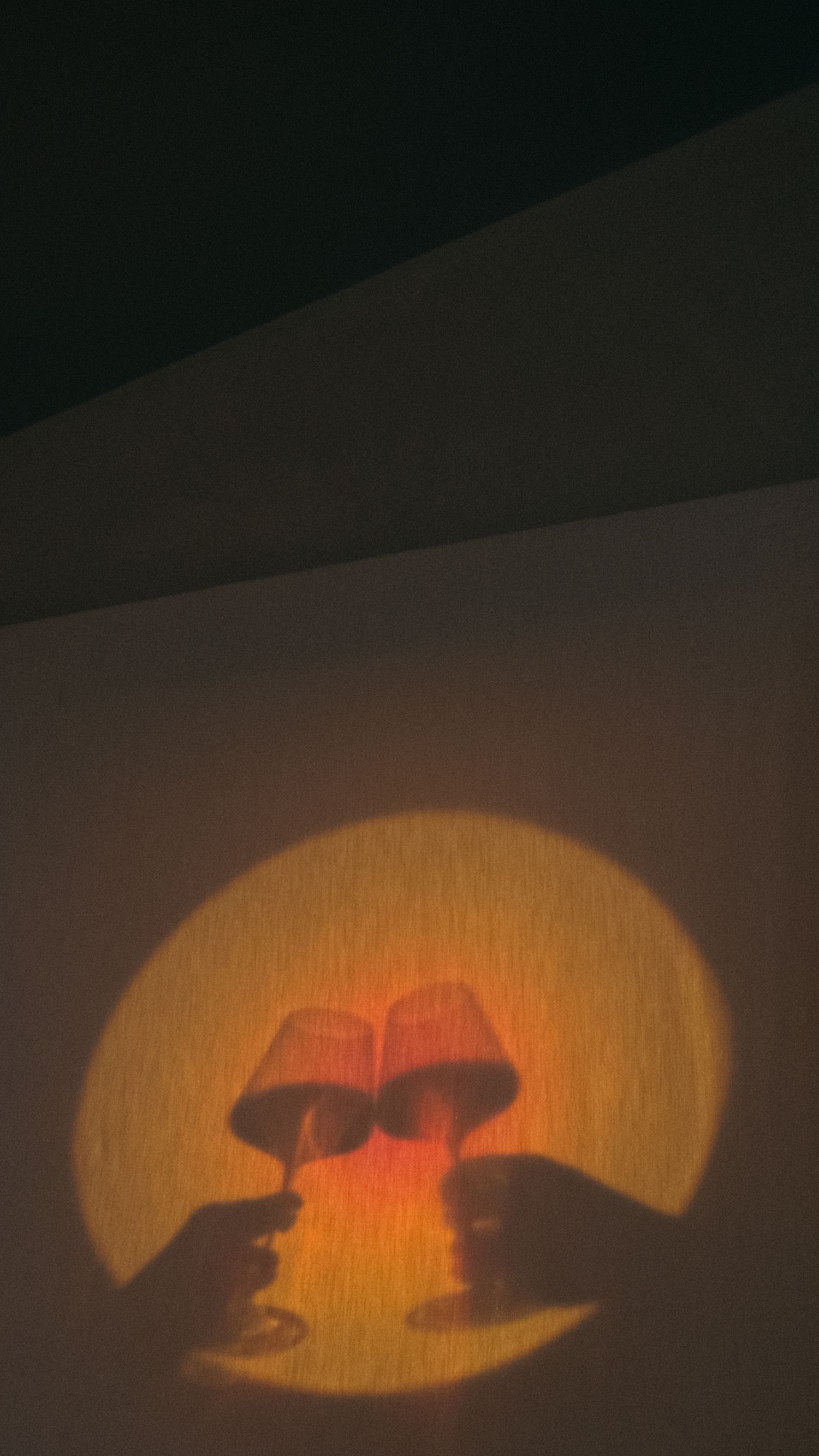 Shadow projection of two wine glasses clinking in a warm golden circle of light on a wall.