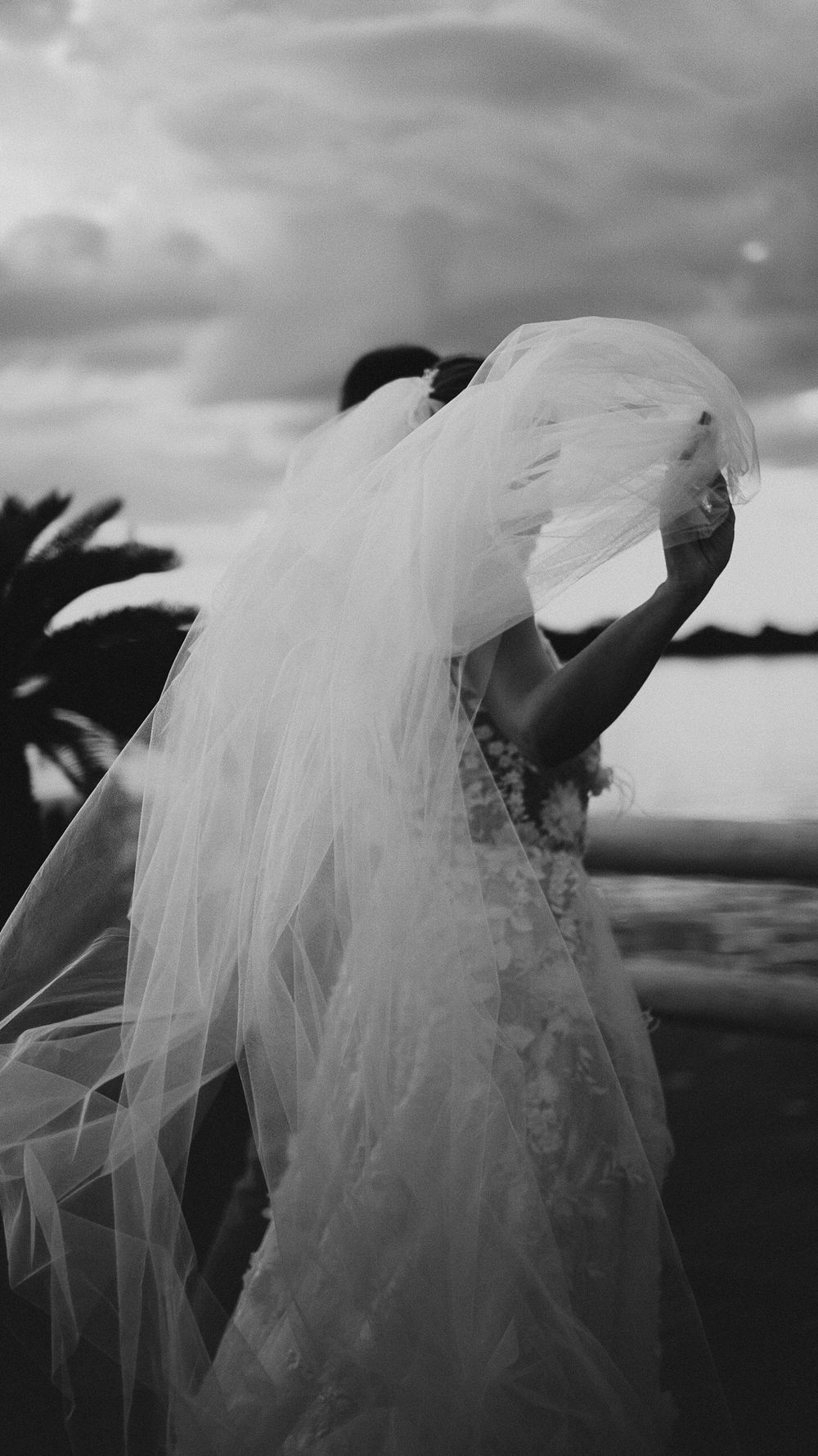 Black and white dramatic photo of bride holding flowing veil against cloudy sky at sunset.