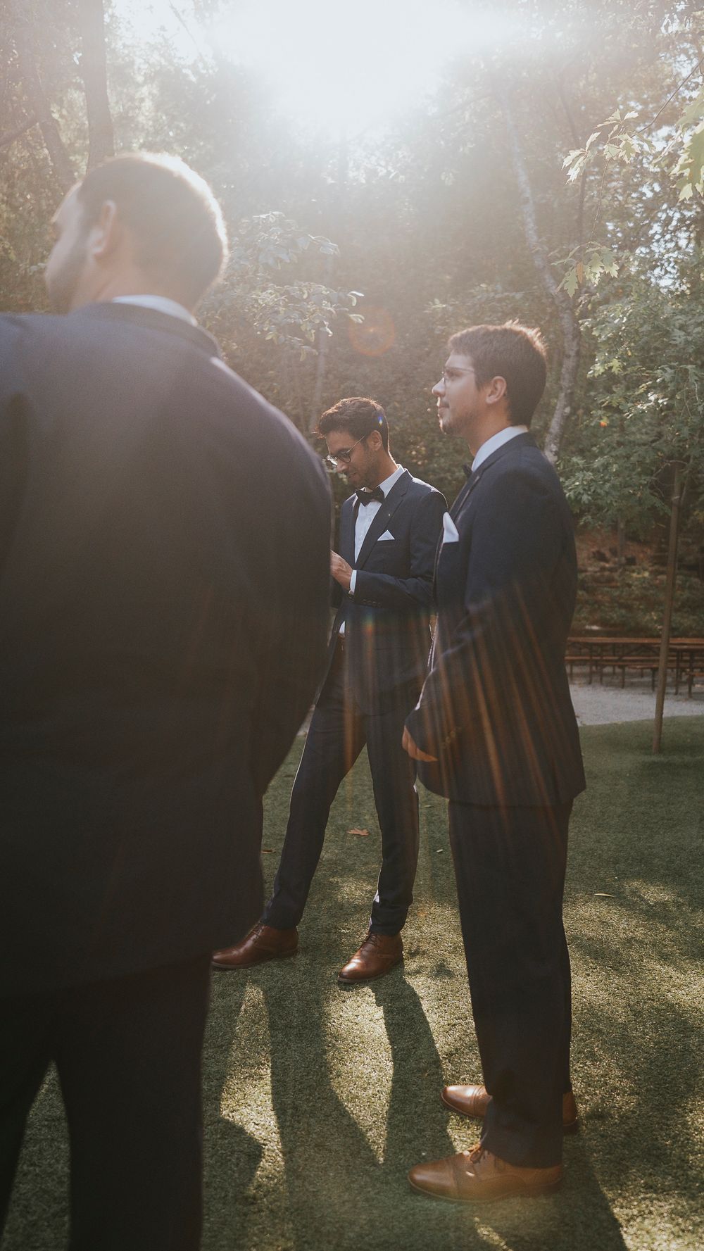 Groomsmen in black tuxedos gather in sunlit outdoor wedding venue with warm lens flare.
