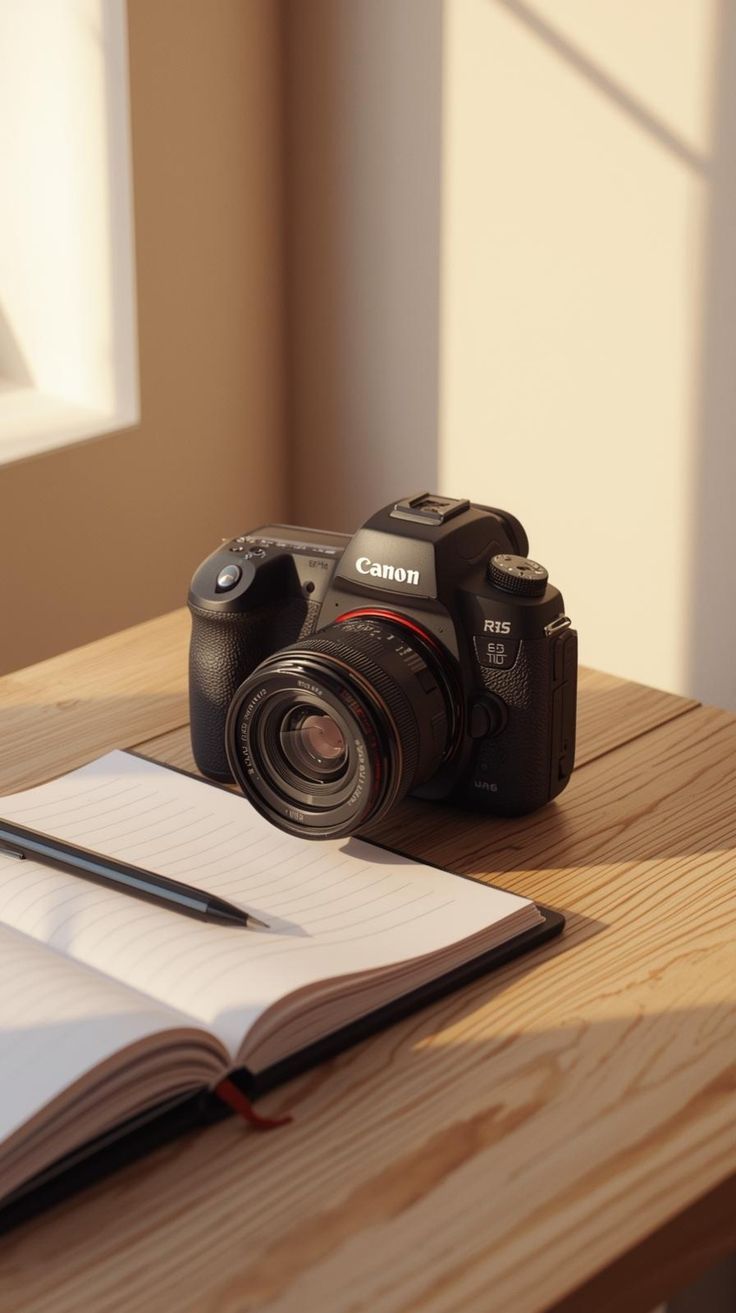 Cannon camera on a beige table with a notebook and pen