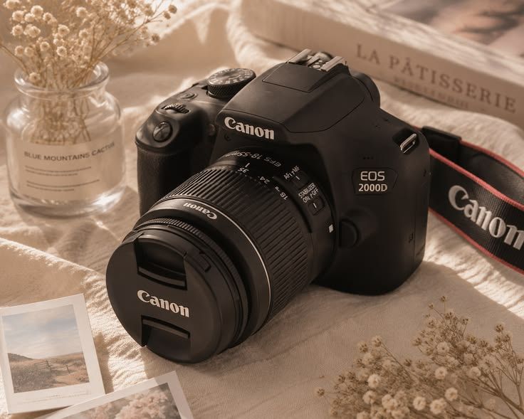Cannon Camera placed on fabric with decor around it