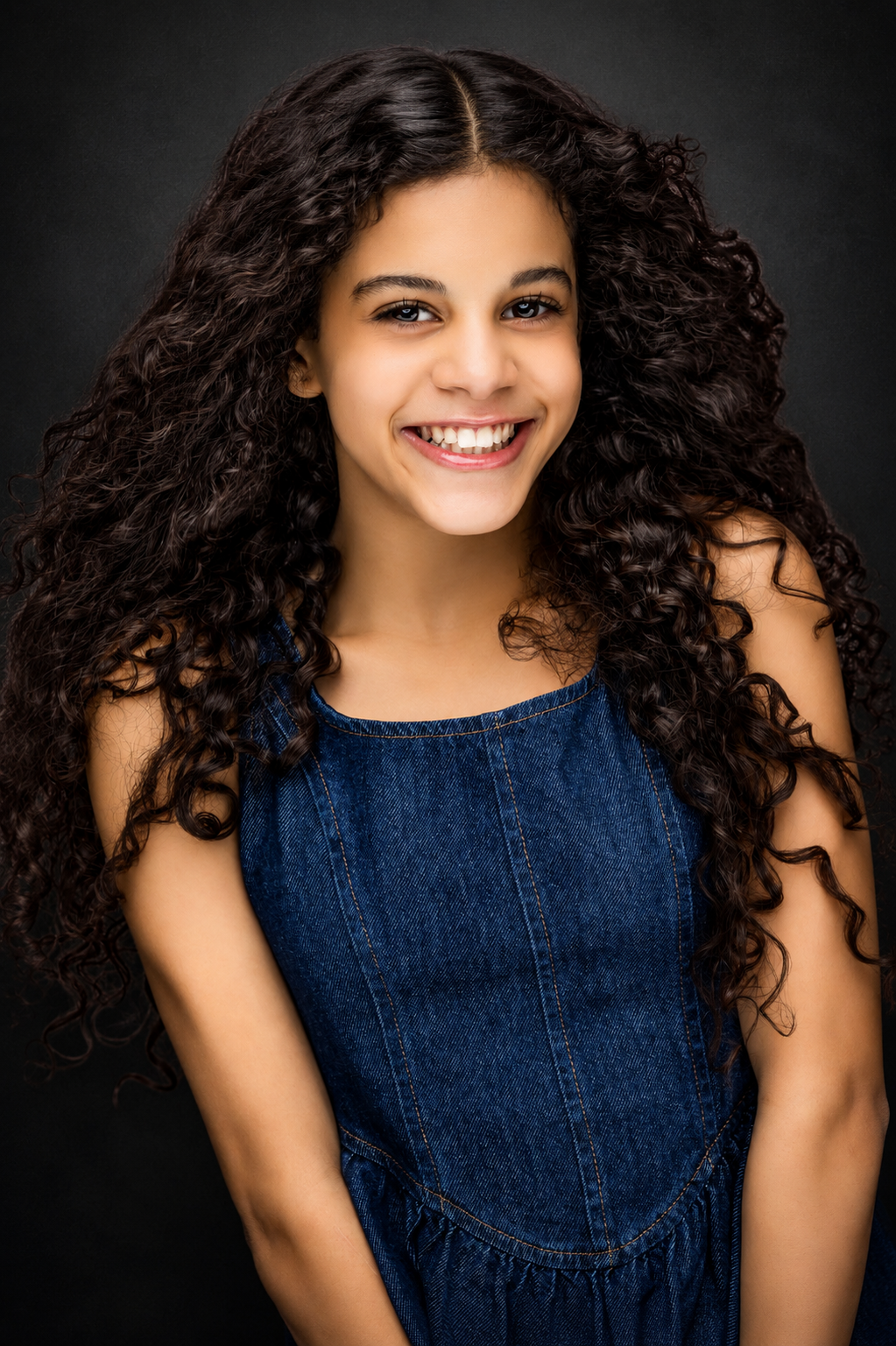 Young girl with long curly dark hair smiling brightly, wearing a denim dress against a dark background.