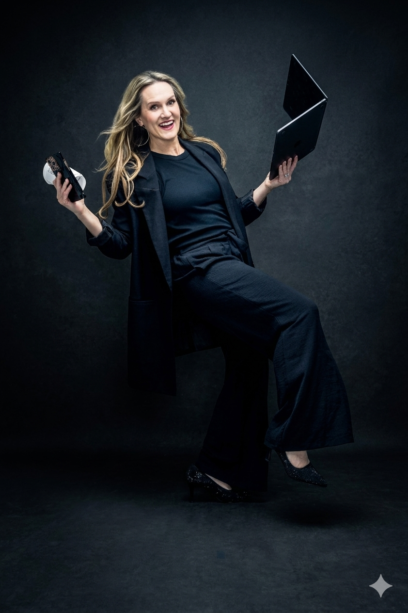 Woman in black suit holding laptop and VR headset, posing dynamically against dark background.