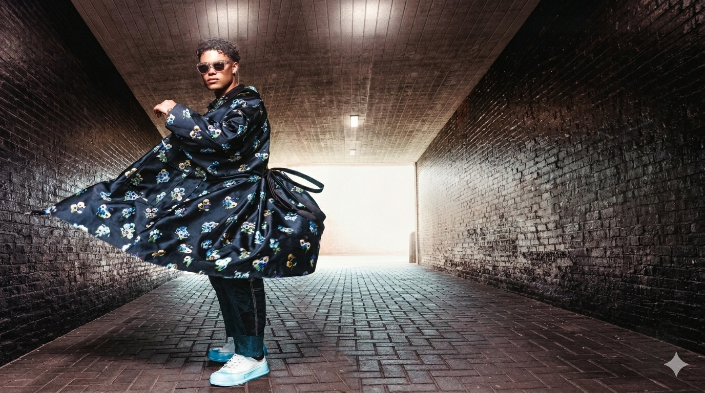 Fashion model in printed oversized coat posing confidently in a brick tunnel with blue sneakers.
